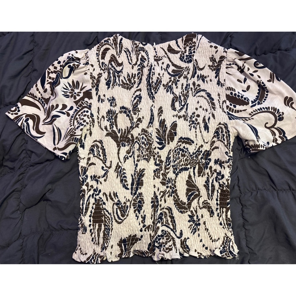 ME+EM Women's Cream Brown Paisley Smocked Puff Sleeve Blouse Size 4 - Picture 3 of 7
